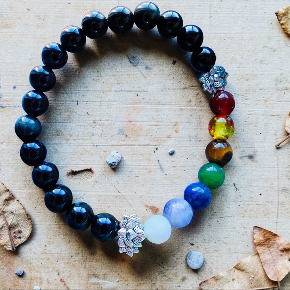 7 Chakra Rainbow Stone Crystal Bead Bracelet Silver Lotus Womens Mens Unisex
